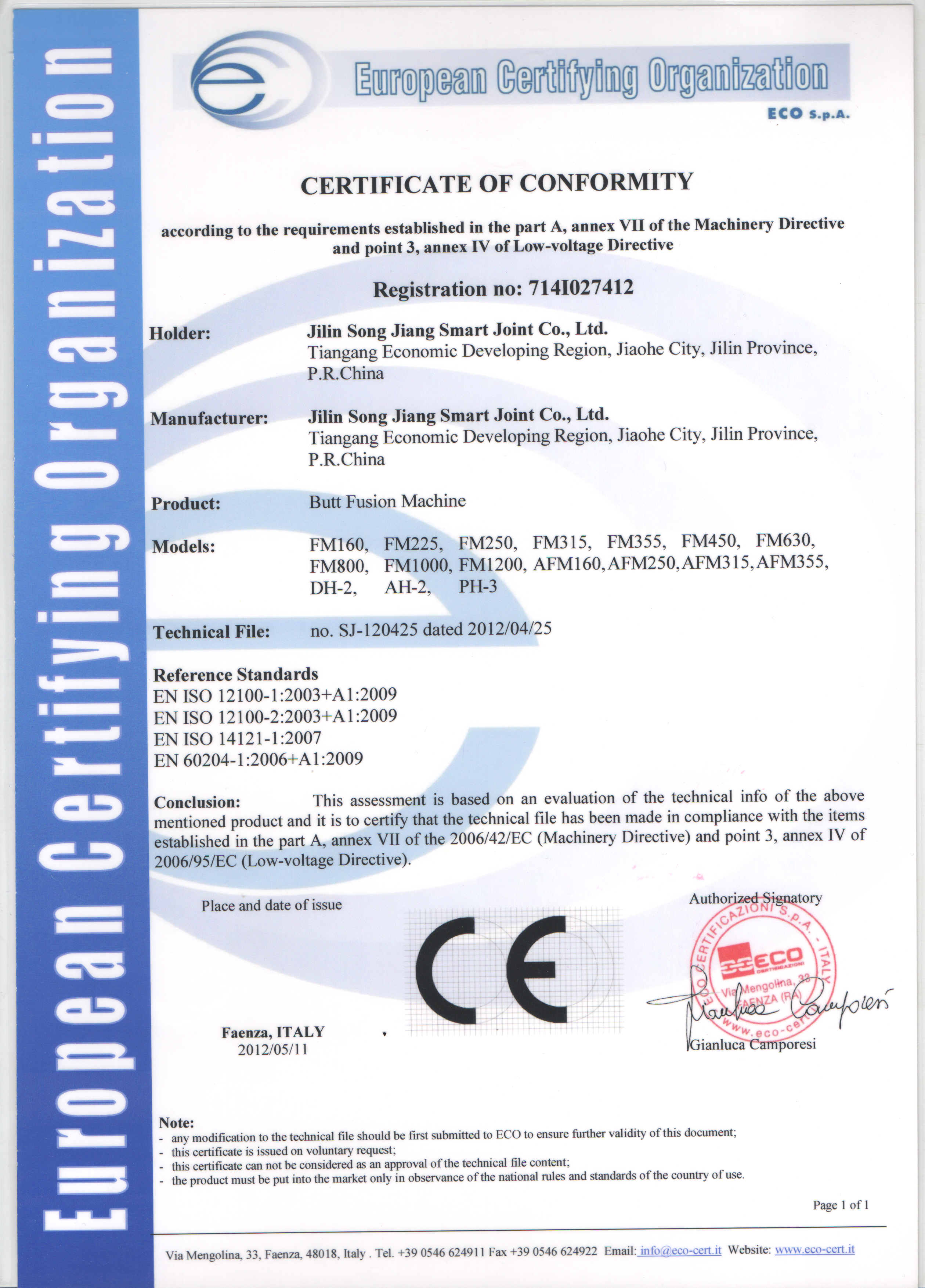 Certificat CE de conformité